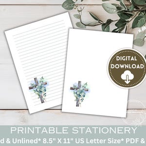 May include: Printable stationery featuring a cross with blue and green floral accents. The stationery is available in lined and unlined versions, and is 8.5 inches by 11 inches in size. The digital download includes PDF and PNG files.