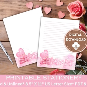 Könnte beinhalten: Druckbarer Briefpapier-Satz mit einem rosafarbenen Aquarell-Herz-Design. Das Set enthält linierte und unlinierte Blätter im US-Letter-Format (8,5 x 11 Zoll). Der digitale Download umfasst PDF- und PNG-Dateien.