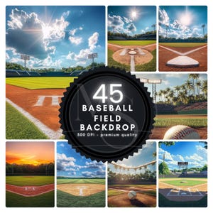 May include: A collection of 45 digital baseball field backdrops, perfect for adding a sporty touch to your photos. The backdrops feature various angles and lighting conditions, including sunny days, cloudy skies, and sunset views.  The backdrops are 300 DPI and of premium quality.