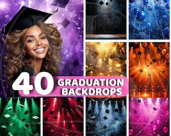 May include: 40 graduation backdrops featuring a variety of colours, themes, and styles. The backdrops include confetti, balloons, spotlights, and graduation caps.