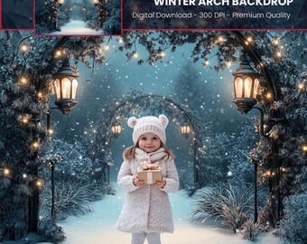 May include: A digital winter arch backdrop showing a child in a white coat and hat holding a gift. The scene is set in a snowy forest with archways decorated with lights and lanterns. The text "WINTER ARCH BACKDROP" is displayed.