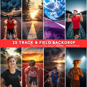 May include: A collage of track and field backdrops featuring athletes in action. The images showcase runners on tracks, with various backgrounds including sunsets, stadium views, and dramatic skies. Text reads "25 Track & Field Backdrop".