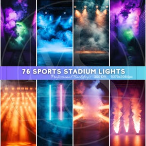 May include: 76 Sports Stadium Lights Professional Backdrops 300 DPI 5376x8064px. A collection of digital backgrounds featuring various stadium lighting effects with smoke and fog. The backgrounds are perfect for creating a dramatic and energetic atmosphere for sports photography, videos, and graphic design projects.