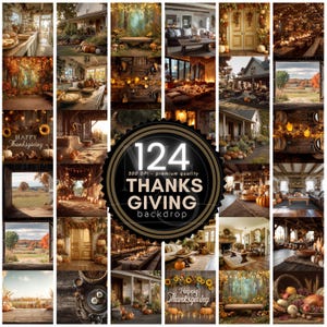 May include: A collage of 20 Thanksgiving-themed backdrops. The images feature autumnal scenes with pumpkins, sunflowers, and festive decorations. The central image has the text "124 THANKSGIVING BACKDROP" in a circular design.