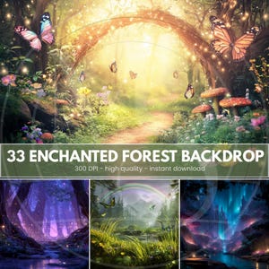 33 arrière-plans de forêt enchantée pour la photographie - Arrière-plans de portraits numériques magiques Arrière-plans de forêt magique, d'arbres verts luxuriants et de fleurs