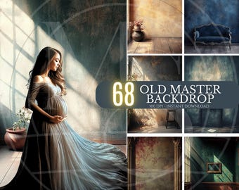 May include: A collection of 68 digital backdrops inspired by Old Master paintings. The backdrops feature various scenes, including a room with a window, a room with a doorway, and a room with a fireplace. The backdrops are 300 DPI and are available for instant download.