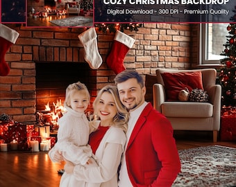 May include: A family poses in front of a cosy Christmas backdrop. The scene includes a brick fireplace, stockings, a Christmas tree, and wrapped gifts. The backdrop has the text "COZY CHRISTMAS BACKDROP" and "Digital Download - 300 DPI - Premium Quality".