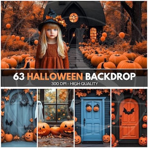 63 Halloween Digital Backdrop, Front Door decorated with pumpkins, Bundle Halloween Background,  Printable Set, Photography Composite,
