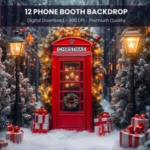 May include: A vibrant Christmas image showcasing a red phone box adorned with the word "CHRISTMAS". The scene is set in a snowy landscape with illuminated trees, street lamps, and wrapped presents. The image includes the text "12 PHONE BOOTH BACKDROP".