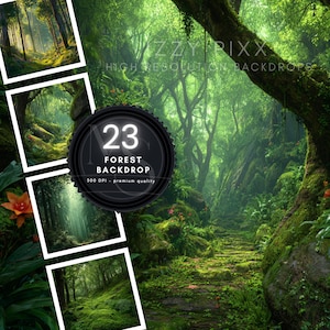 May include: A lush forest backdrop with a stone path winding through a vibrant green landscape. The image features a circular emblem with the number 23 and the words "Forest Backdrop". The backdrop is high resolution, 300 DPI.