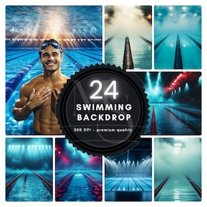 May include: A set of 24 digital swimming pool backdrops, perfect for photographers and graphic designers. The backdrops feature various lighting and atmospheric effects, including fog and spotlights. The backdrops are 300 DPI and high quality.