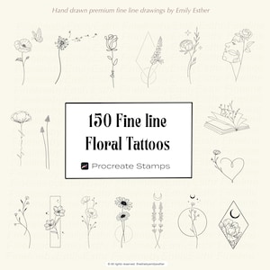 150 Fine line Floral Procreate tattoo stamps bundle, Procreate brushes, Procreate floral stamps, Procreate flower stamps, tattoo stamps