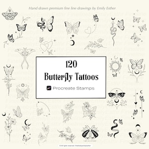Peut inclure: Une collection de 120 motifs de tatouages papillon de style minimaliste. L'image présente diverses illustrations de papillons, dont des papillons de nuit et des éléments floraux, avec le texte "Butterfly Tattoos" et "Procreate Stamps".