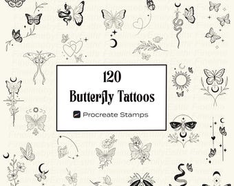 May include: A collection of 120 butterfly tattoo designs in a minimalist style. The image features various butterfly illustrations, including moths and floral elements, with the text "Butterfly Tattoos" and "Procreate Stamps".