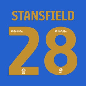 May include: A blue sports jersey back featuring the name STANSFIELD in gold lettering above the number 28. The number 28 is printed in gold with the text EFL IN THE COMMUNITY and the EFL logo integrated into the design of the digits.