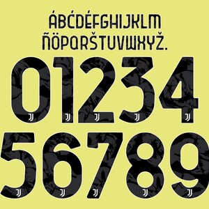 May include: A digital display of a typeface set featuring the alphabet from A to Z and numbers 0 through 9. The characters are black with a dark grey marbled texture and a small white Juventus logo at the base of each number on a pale yellow background.