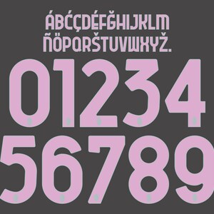 May include: A digital graphic featuring light pink characters on a dark grey background. The top section displays the alphabet from A to Z with various diacritics, while the bottom section shows the numbers zero through nine in a bold font.