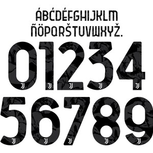 May include: A set of black and dark grey marbled typography featuring the full alphabet from A to Z and numbers 0 through 9. Each character displays a subtle camouflage-like pattern and includes a small white Juventus logo at the base.