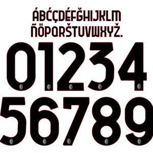 May include: A set of black alphanumeric characters with a thin red outline. The top section displays the alphabet from A to Z with special characters, while the bottom section features the numbers 0 through 9, each containing a small AC Milan logo.
