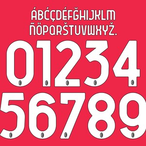 May include: A set of white alphanumeric characters on a red background. The top section displays the alphabet from A to Z with diacritics, while the bottom section features the digits 0 through 9. Each character includes a small AC Milan logo.