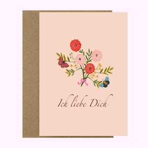 AFDRUKBARE Valentijnskaart, bloemenboeket, Instant Download Card, I Love You in German Card, I Liebe Dich Card, kaart huwelijksverjaardag