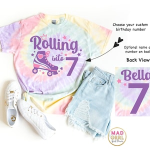 Roller Skate Birthday Shirt, Roller Rink Party, Rolling into 7, Retro Roller Skate Shirt, 7th Birthday Shirt, Pastel Tie Dye Shirt