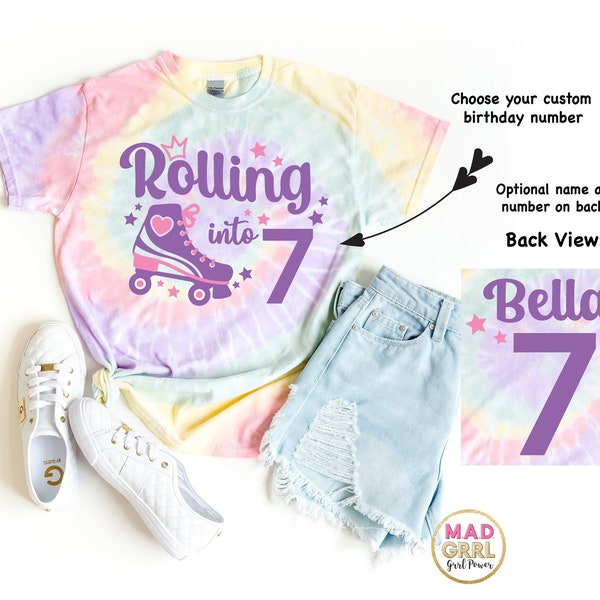 Roller Skate Birthday Shirt, Roller Rink Party, Rolling into 7, Retro Roller Skate Shirt, 7th Birthday Shirt, Pastel Tie Dye Shirt