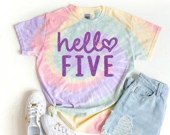 Hello Five Shirt, 5th Birthday Shirt, Pastel Tie Dye Shirt, Birthday Shirt Girl, Purple Birthday Shirt