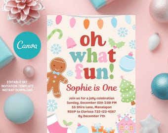 Oh What Fun I&#39;m One Birthday Invitation, 1st Birthday Invitation, Christmas Invitation, Digital Download Invitation