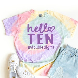10th Birthday Girl Shirt: Pastel Tie Dye Hello Ten Tee