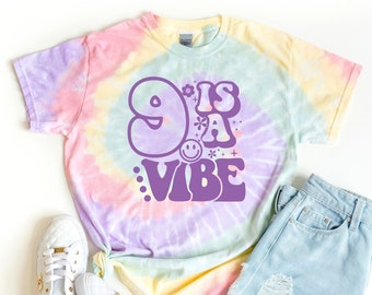 9th Birthday Girl Shirt: Pastel Tie Dye, Groovy Vibe