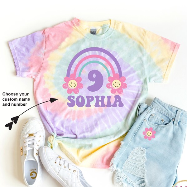 Personalized Rainbow Birthday Girl Shirt: Pastel Tie Dye Daisy Hippie Tee