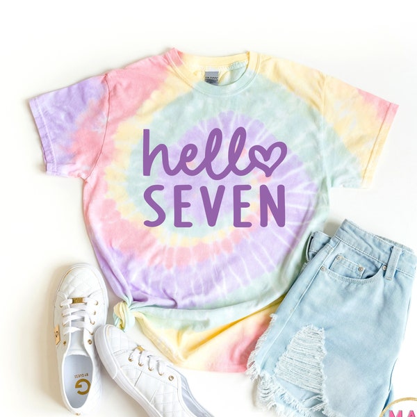 Hello Seven Shirt, 7th Birthday Shirt, Pastel Tie Dye Shirt, Birthday Shirt Girl