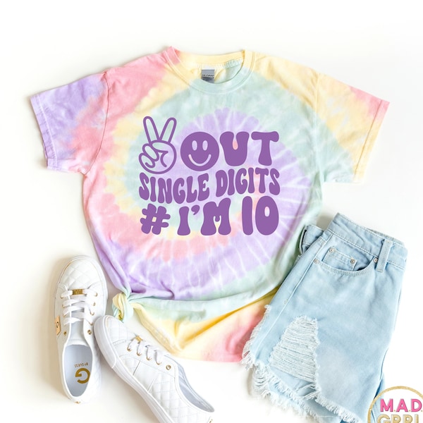 Peace Out Single Digits, Double Digits Birthday Shirt, Purple Tie Dyed Shirt, Pastel Tie Dye Shirt, 10th Birthday Girl