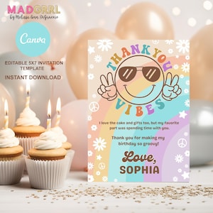 Cartão de agradecimento de aniversário editável e groovy, convite para download digital, vibrações de agradecimento