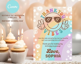 Editable Groovy Birthday Thank You Card, Digital Download Invitation, Thank You Vibes