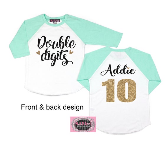 Girls 10th Birthday Shirt, 10 Double Digits Shirt, Girls Double Digits Shirt, Tenth Birthday, Personalized Shirt, Mint Gold Party Il_570xn
