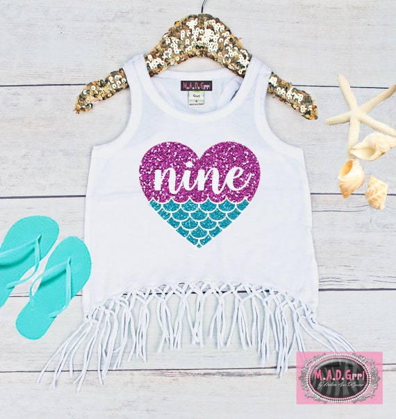 Mermaid Shirt, 9th Birthday Shirt, Girls Ninth Birthday, Mermaid at Heart, Mermaid Birthday, Mermaid Party, Boho Fringe Tank Il_570xn
