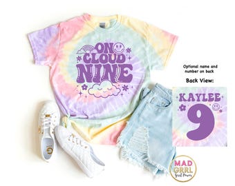On Cloud 9 Birthday Shirt, 9th Birthday Shirt Girl, Pastel Tie Dye Shirt, Tie Dye Birthday, Personalized Birthday Gift
