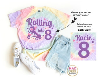 Roller Skate Birthday Shirt, Roller Rink Party, Rolling into 8, Retro Roller Skate Shirt, 8th Birthday Shirt, Pastel Tie Dye Shirt