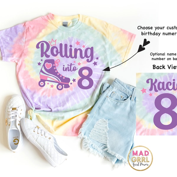 Roller Skate Birthday Shirt, Roller Rink Party, Rolling into 8, Retro Roller Skate Shirt, 8th Birthday Shirt, Pastel Tie Dye Shirt