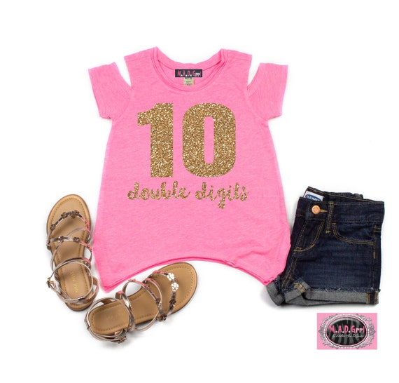 Double Digits Shirt, Girls 10th Birthday Shirt, Girls Birthday Shirt, Tenth Birthday, Cold Shoulder Shirt Il_570xn