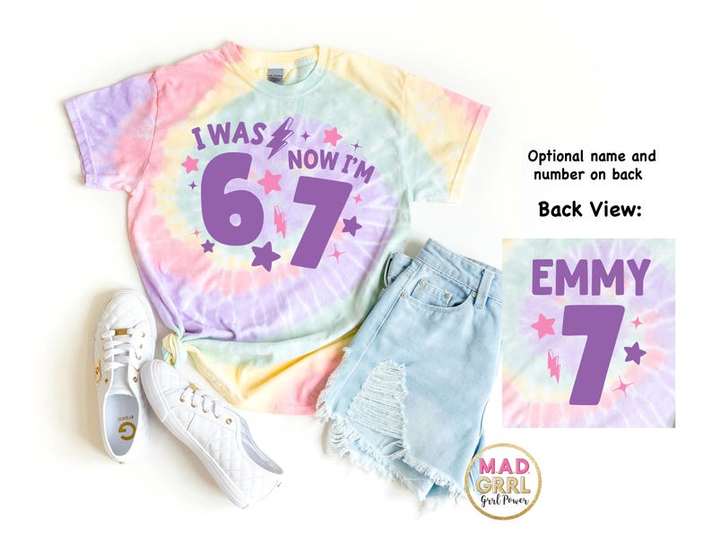 I Was 6 Now I'm 7, 6 7 Shirt, Tie Dye 7th Birthday Shirt for girls image 2