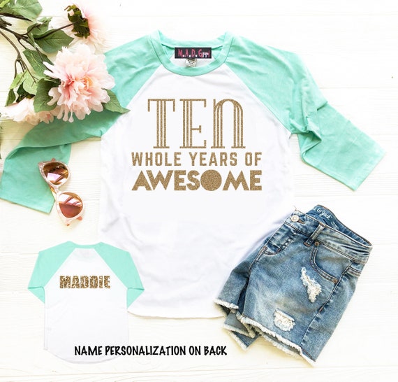 Girls 10th Birthday Shirt, Double Digits Shirt, Girls Birthday Shirt, Ten Whole Years of Awesome, Tenth Birthday, Cold Shoulder Shirt Il_570xn
