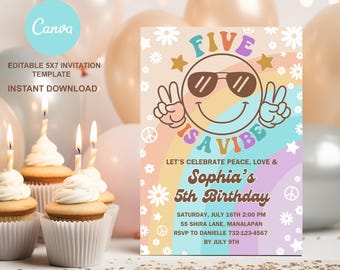 Five is a Vibe Invitation, Editable Groovy Birthday Invitation, 5th Birthday Girl, Digital Download Invitation