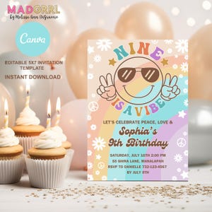 Nine is a Vibe Invitation, Editable Groovy Birthday Invitation, 9th Birthday Girl, Digital Download Invitation