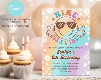 Nine is a Vibe Invitation, Editable Groovy Birthday Invitation, 9th Birthday Girl, Digital Download Invitation