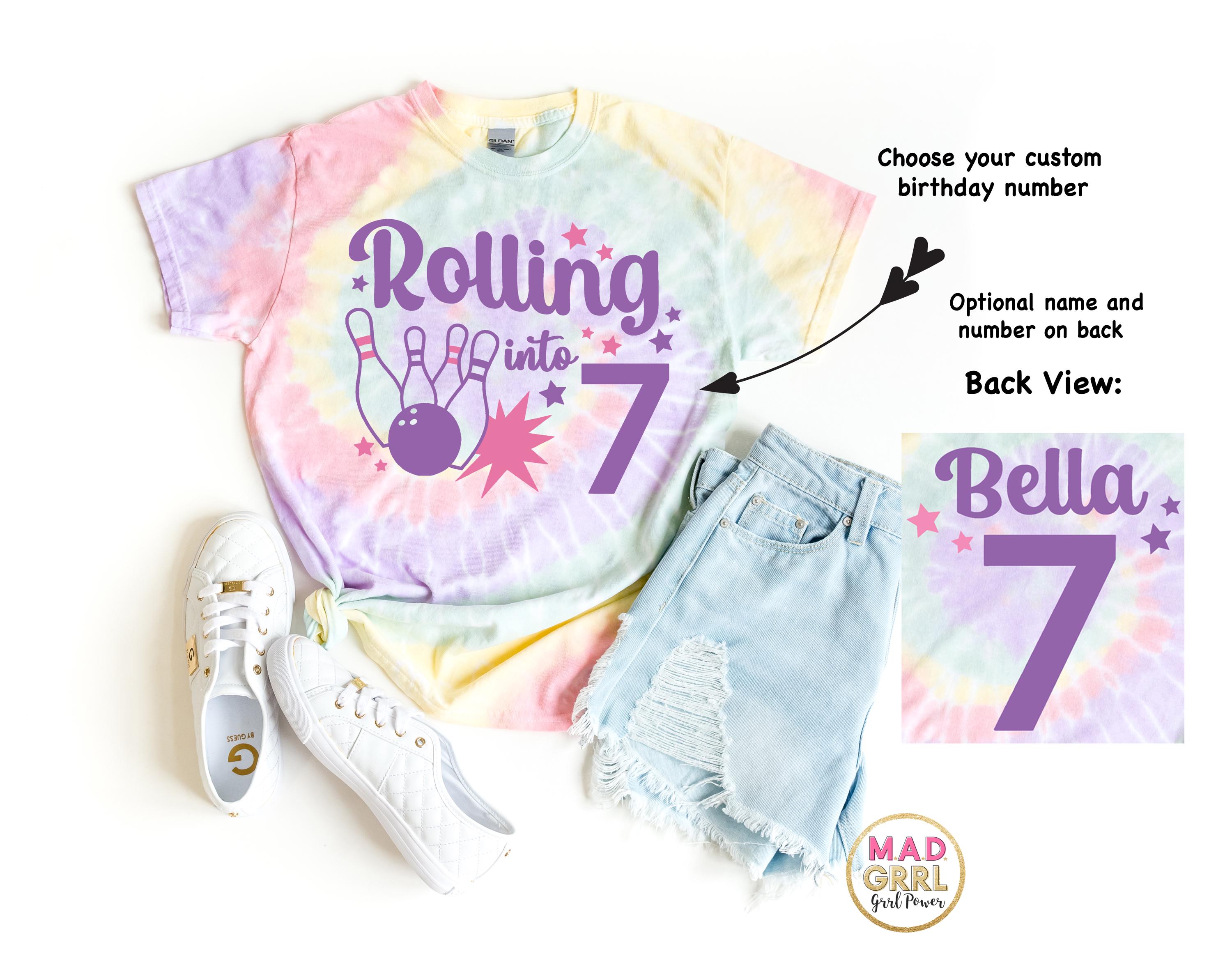 Birthday Bowling Girl T-shirt, Birthday Bowling Party, Rolling into 7, Tie Dye Shirt