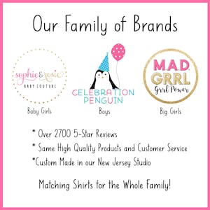 May include: A pink and white graphic featuring the text "Our Family of Brands" and logos for "Sophie & Rosie Baby Couture", "Celebration Penguin", and "M.A.D. GRRL Grrl Power". The image also includes the text "Baby Girls", "Boys", and "Big Girls".