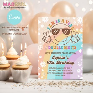Ten is a Vibe Invitation, Editable Groovy Birthday Invitation, 10th Birthday Girl, Digital Download Invitation